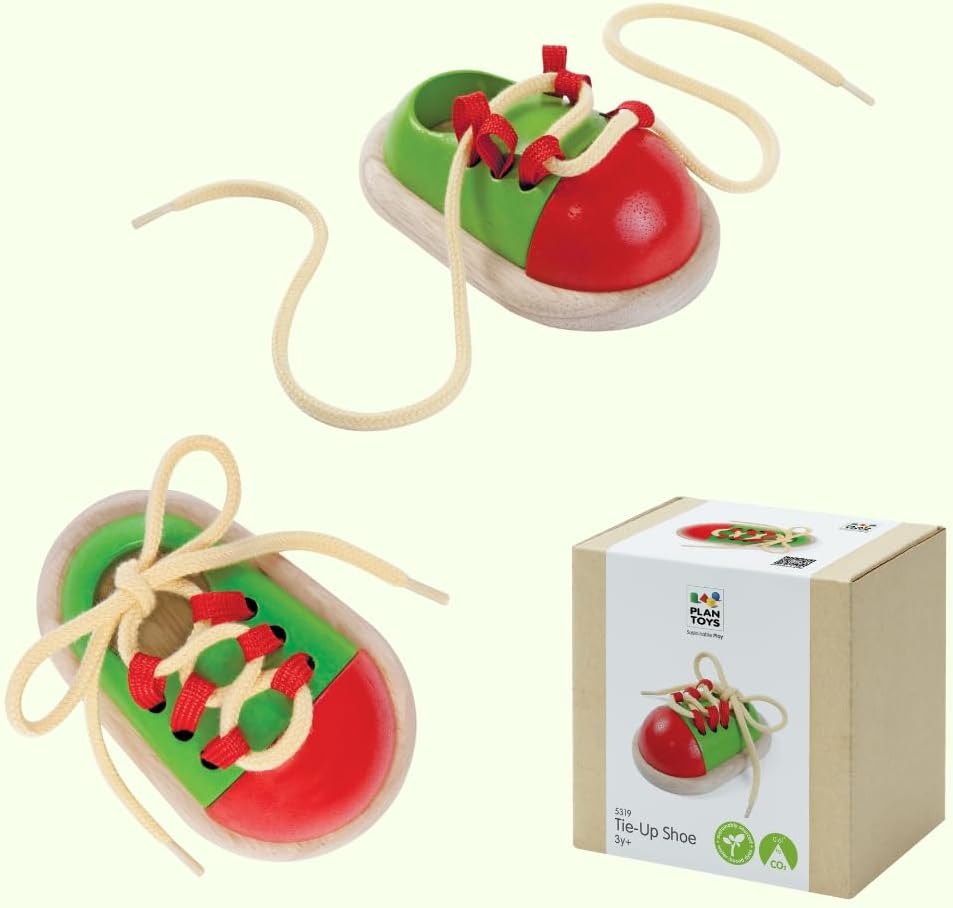 PlanToys Schnürschuh aus Holz für Kinder - Schnürsenkel Binden Lernen Kinder - Holzspielzeug zum Sch