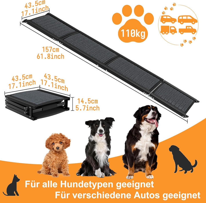 157cm Hunderampe Klappbar Hundetreppe Auto Kofferraumrampe Hundeautorampe bis 110 kg Tragbare mit An