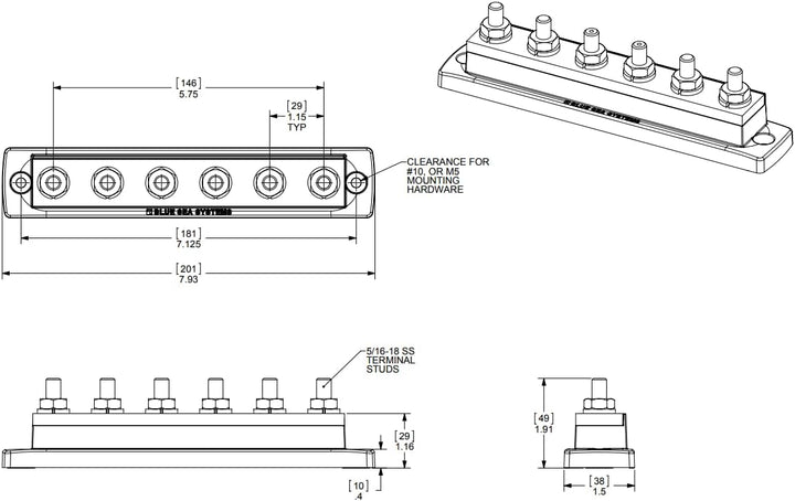 Blue Sea Systems Mini-Sammelschiene, 100 A, 1 Stück 250a, 6 Noppen ohne Abdeckung, 250a, 6 Noppen oh