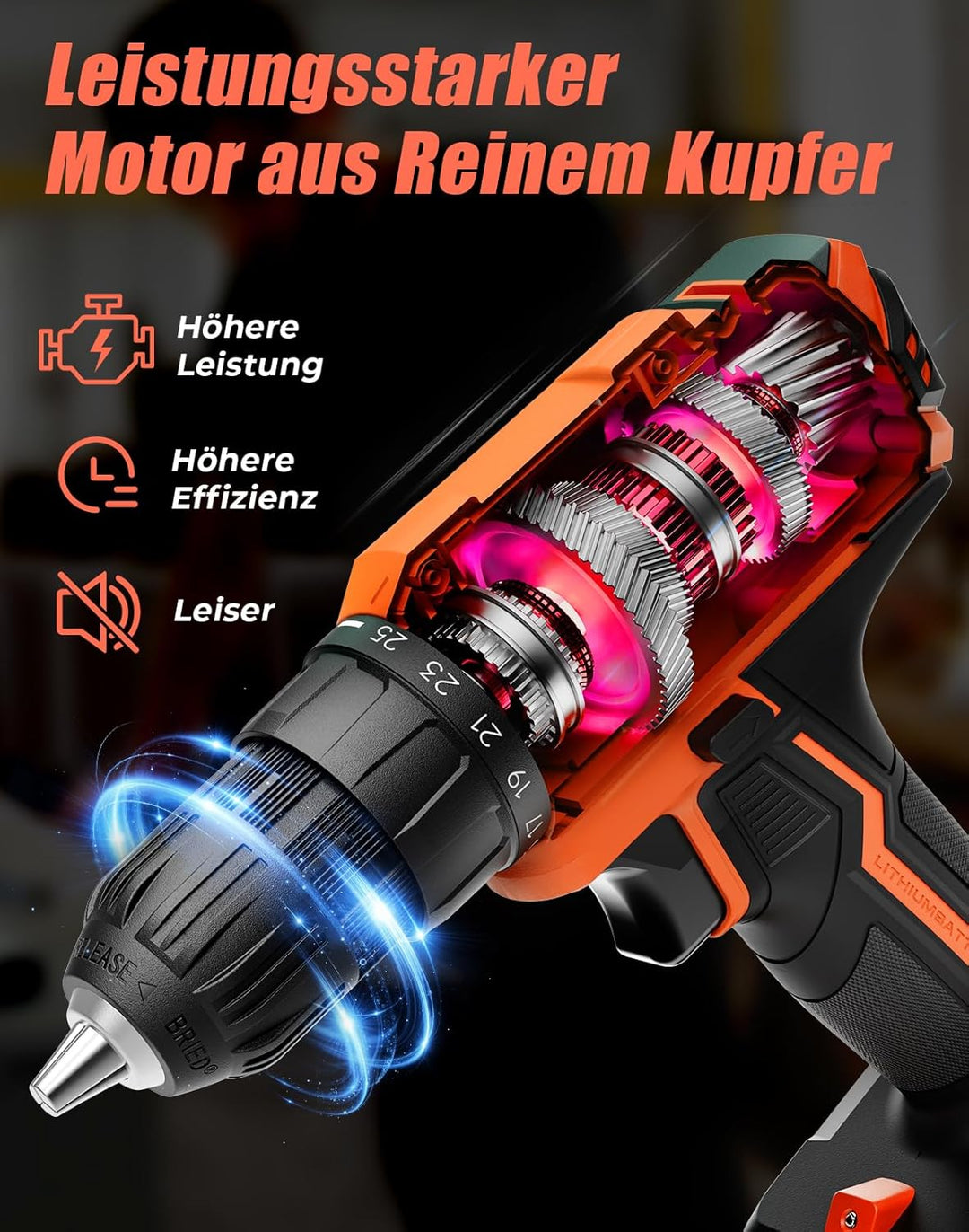 Akkuschrauber, 20V Akku Bohrschrauber, 25+1 Drehmomentstufen Akkubohrer, 42Nm Max Drehmoment, LED-Li