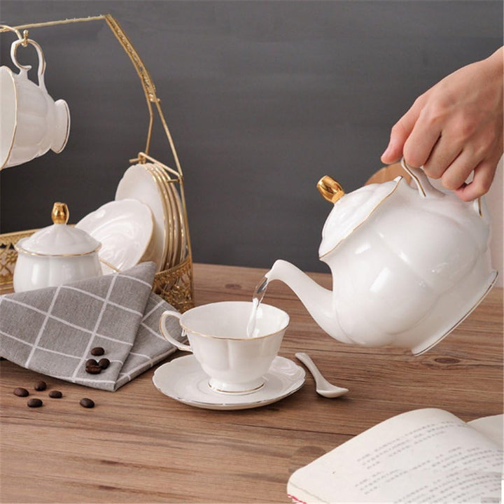 ufengke 15 Stück Einfache Englische Keramik Tee-Sets Weiss,Teekanne, Bone China Tassen &Passenden Lö