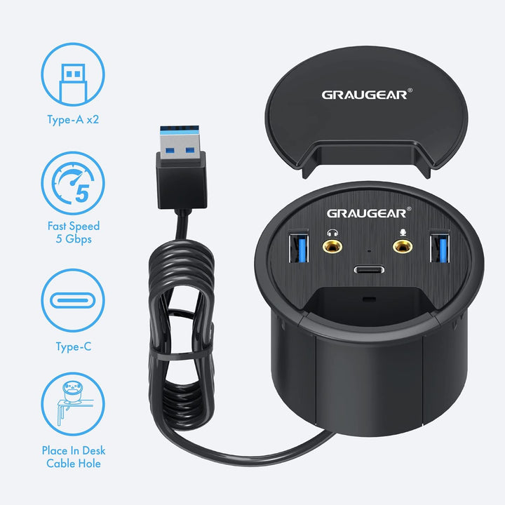 GRAUGEAR Tisch USB HUB mit 1x USB-C und 2X USB-A Anschlüssen, Tisch HUB mit 60mm Durchmesser, USB 3.