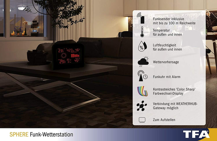 TFA 35.1148.01.IT Sphere Funk-Wetterstation mit Farbwechsel-Display (schwarz mit Batterien)