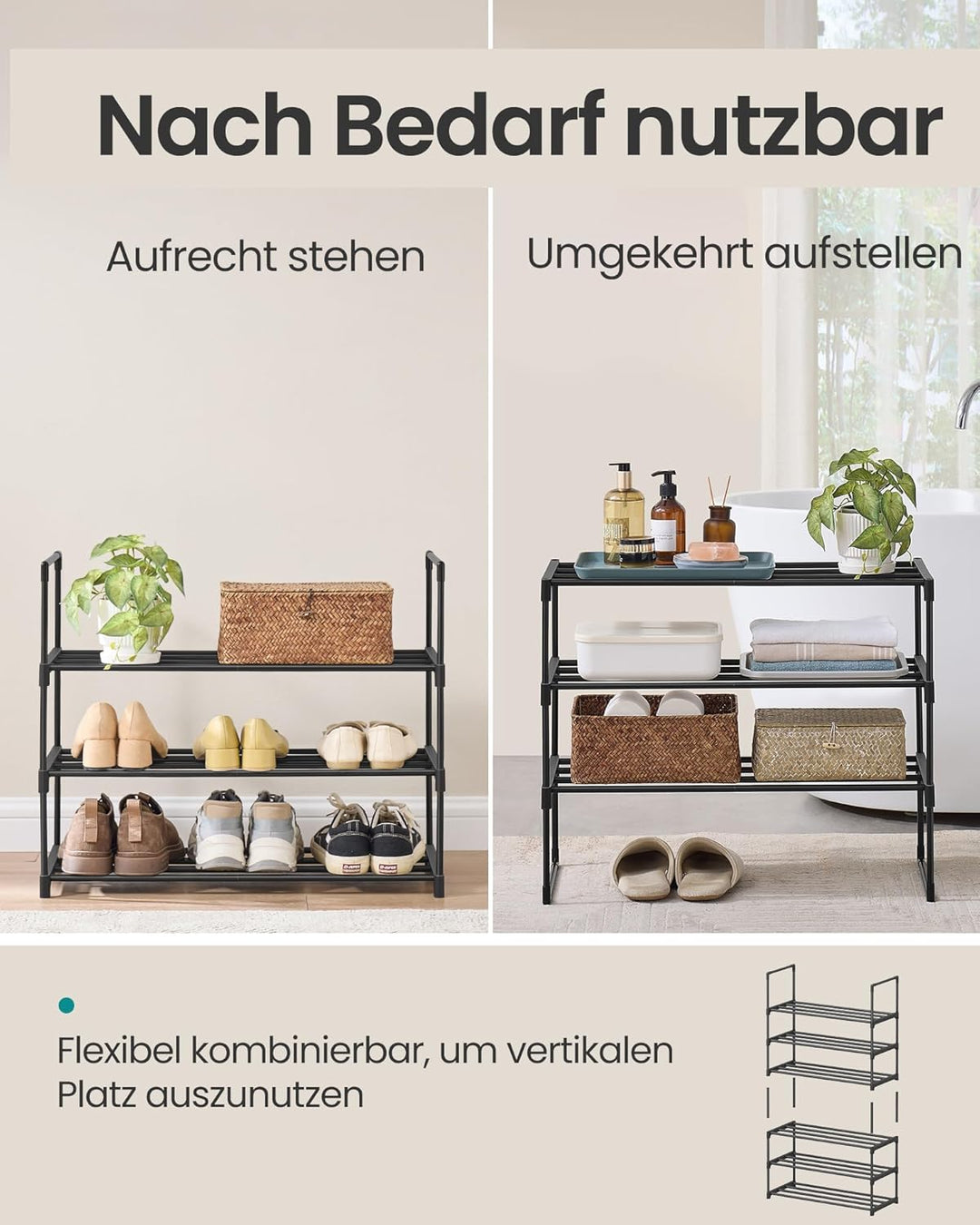 SONGMICS Schuhregal 3 Ebenen, Schuhständer Metall, Schuhaufbewahrung, Schuh-Organizer, aufrecht oder