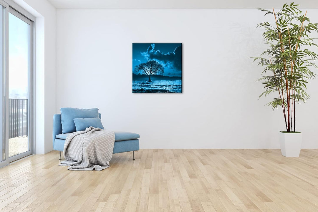 deyoli einsamer Baum im Meer Format: 70x70 Effekt: Monocrome Blau als Leinwandbild, Motiv fertig ger