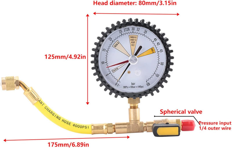 Artillery Klimaanlage Manometer,1/4 SAE Inch Klimaanlagen Kühlung Stickstoffdrucktest Manometer,80mm