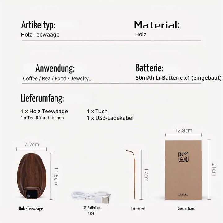 Mini-Kaffeewaage mit Timer, 200 G/0,1 G Genaue Teewaage aus Holz, Hochpräzise Wiederaufladbare Küche