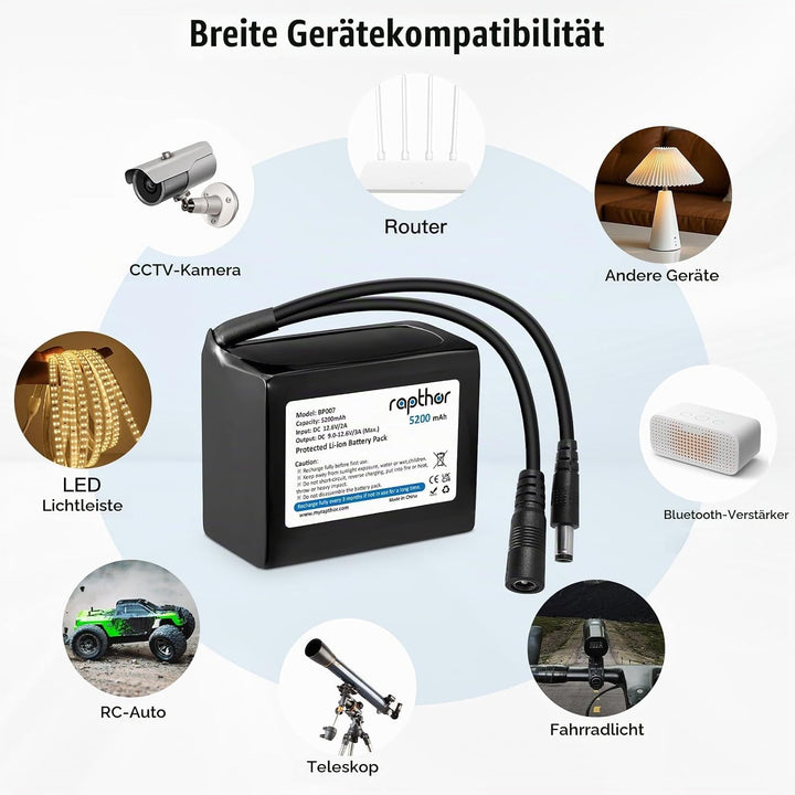 Rapthor Wiederaufladbarer 12V 5200mAh Lithium-Ionen-Akku mit 12,6V 2A Schnellladegerät und DC5521-An