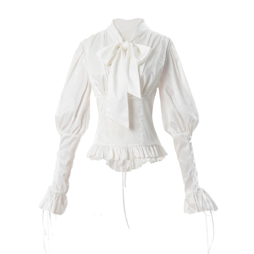 Damen Viktorianisch Bluse Vintage Schleifenhemd Stehkragen mit Ruff Langarmshirt Mittelalter Bluse 3