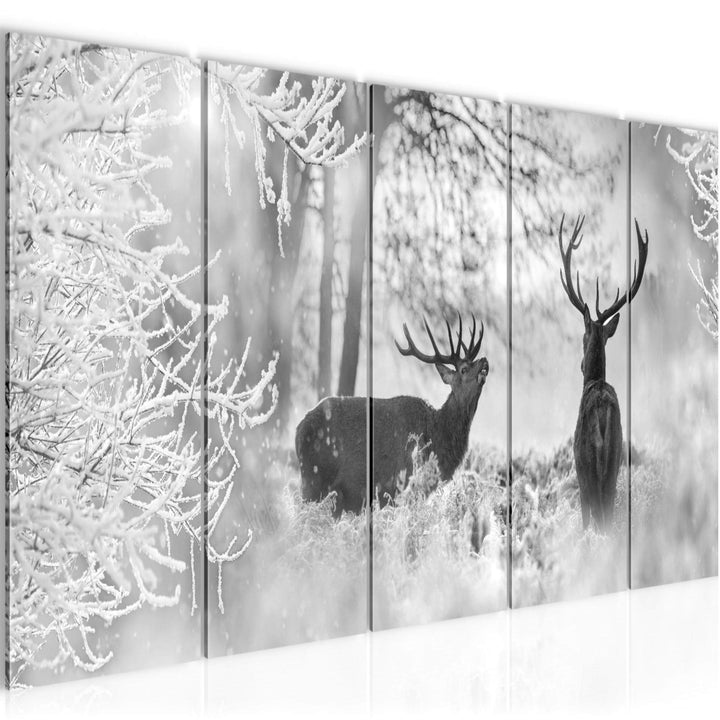 Runa Art Wandbild XXL Winter Hirsch Wohnzimmer Schlafzimmer 200 x 80 cm Schwarz Weiss 5 Teilig - Mad