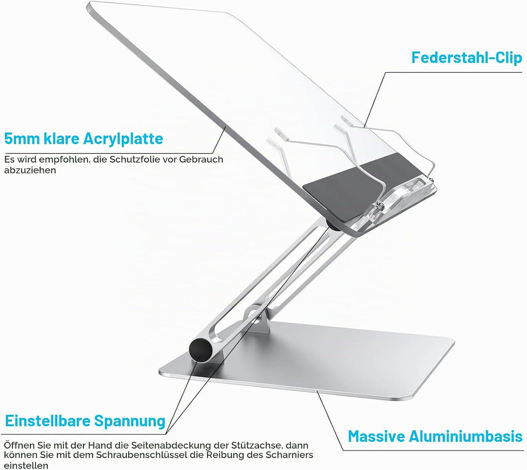 Buchständer, Aluminium und Acryl Kochbuch Schreibtisch Leseständer, Verstellbar &amp; Faltbar Buchhalter