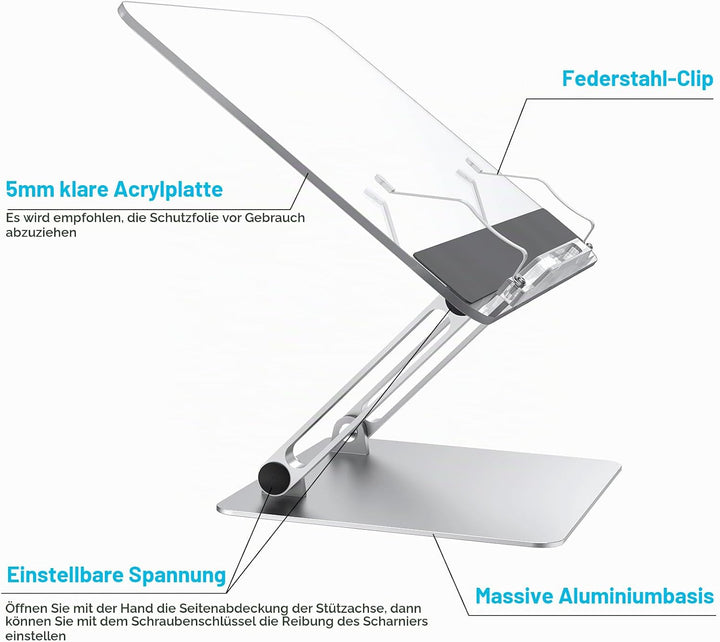 Buchständer, Aluminium und Acryl Kochbuch Schreibtisch Leseständer, Verstellbar &amp; Faltbar Buchhalter