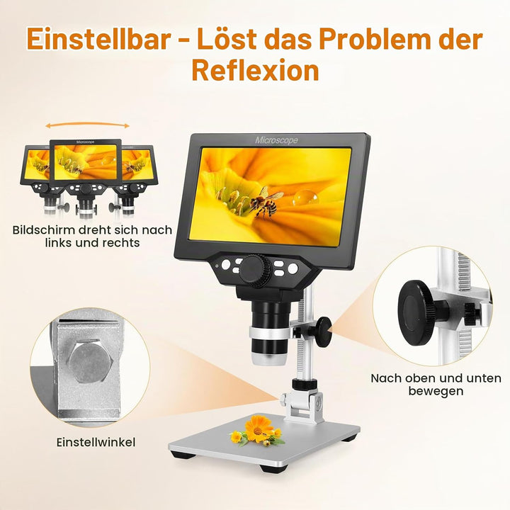 Aofesel Digitales Mikroskop 7-Zoll, G1200 LCD 3000mAh USB Digital Mikroskop, 1080P FHD-Videoaufzeich
