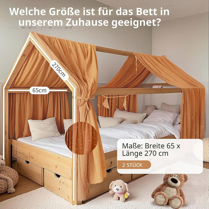 Hausbett Himmel mit Gold Applikation 2 Stück, handgefertigt aus 100% Baumwoll-Musselin, Stoffhimmel