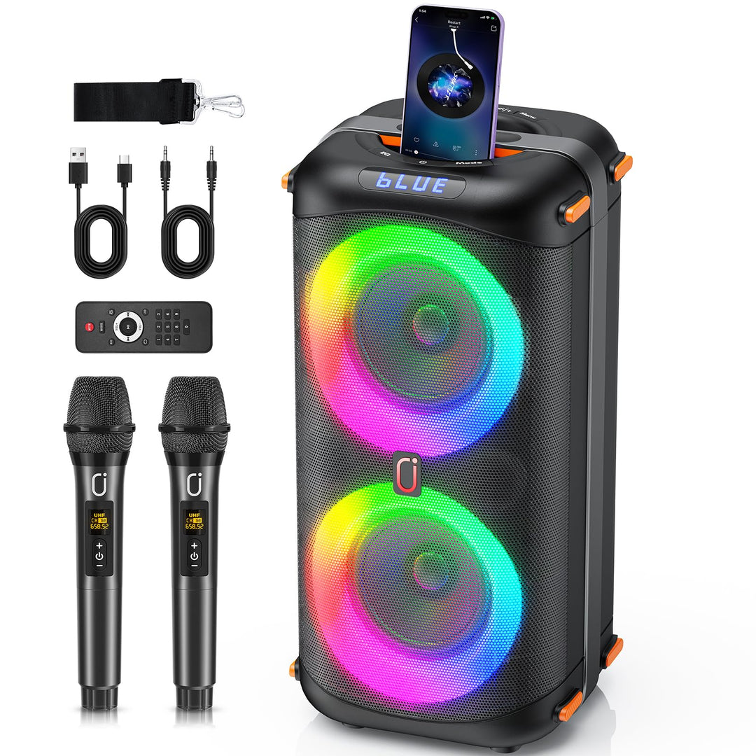 Karaoke Maschine, Tragbarer Bluetooth-Lautsprecher mit 2 drahtlosen Mikrofonen für Erwachsene, Karao