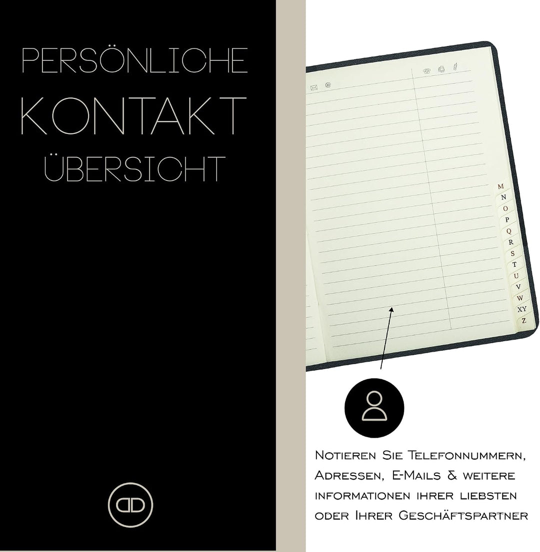 DELMON VARONE - Personalisierbares Adressbuch DIN A6+ gebunden mit A-Z Register Boxcalf Leder schwar
