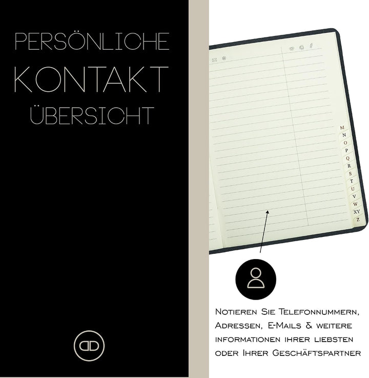 DELMON VARONE - Personalisierbares Adressbuch DIN A6+ gebunden mit A-Z Register Boxcalf Leder schwar