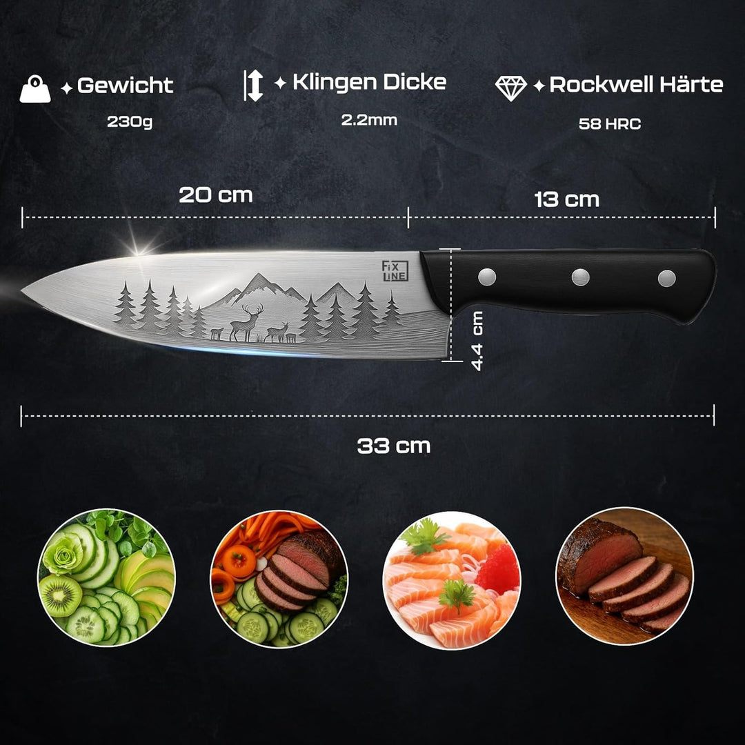 FIXLINE® Chefmesser 20cm BLACK FOREST Edition – Starkes Allround-Kochmesser - rasiermesserscharf - r