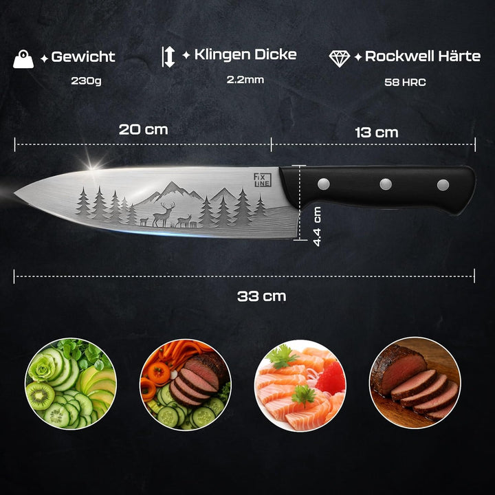 FIXLINE® Chefmesser 20cm BLACK FOREST Edition – Starkes Allround-Kochmesser - rasiermesserscharf - r