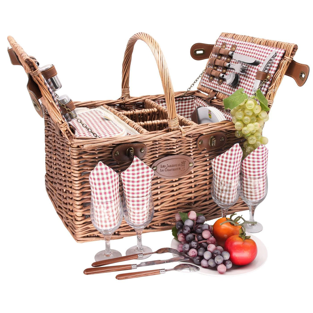 Picknickkorb Saint-Germain rotkariert aus dunkler Weide - Korb mit Fach für eine Flasche - für 4 Per