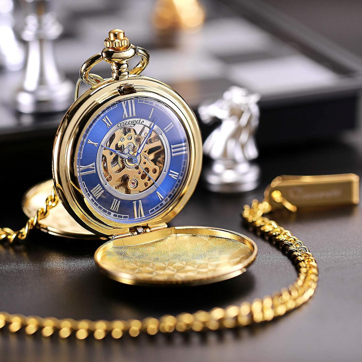 TREEWETO Unisex Taschenuhr mit Kette Analog Handaufzug glatt Doppelscharnier Römische Ziffern Gold B
