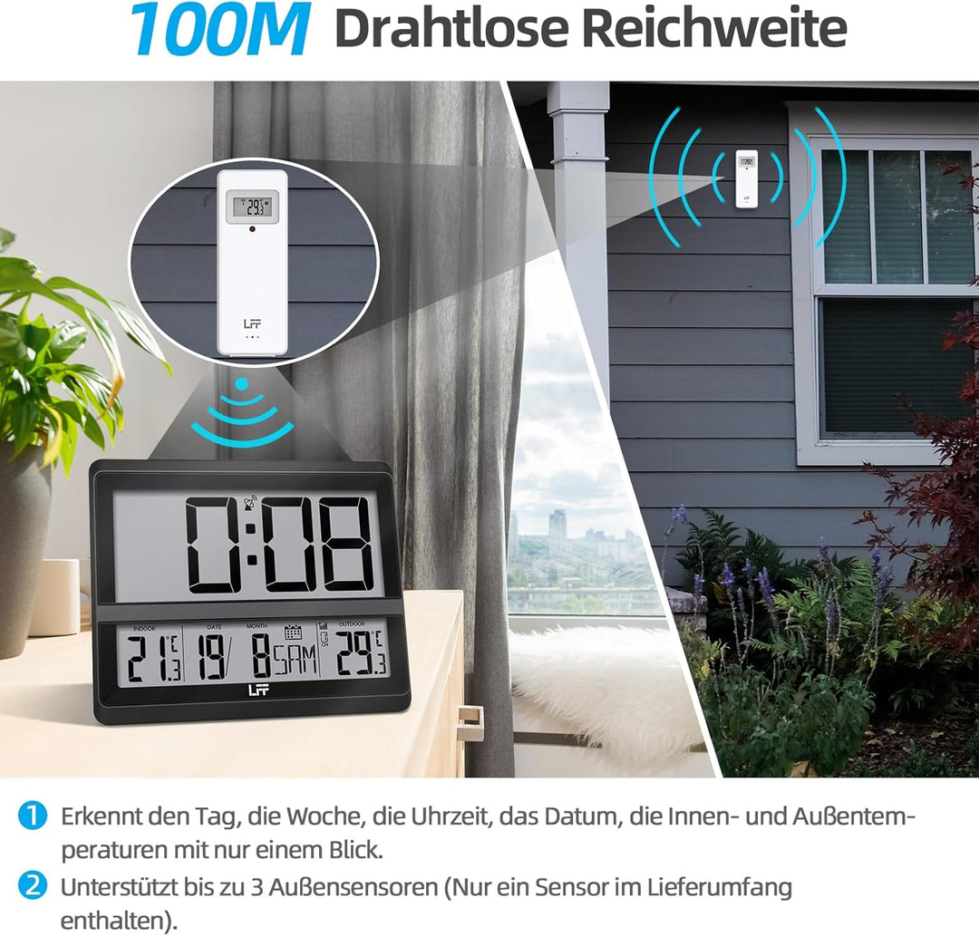 Atomuhr mit Grossem Display, Digitale Wanduhr mit Temperatur Datum Innen Aussen, Drahtloser Aussense