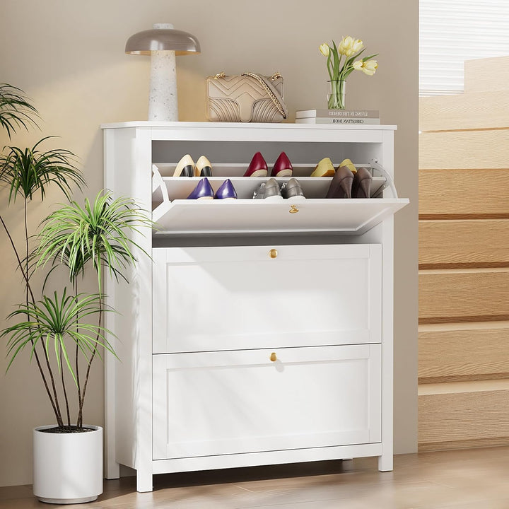 VOWNER Schuhschrank mit 3 Klappen, Schuhregal Schuhkipper Schmal, Schuhschrank Weiss, mit 6 Fächern,