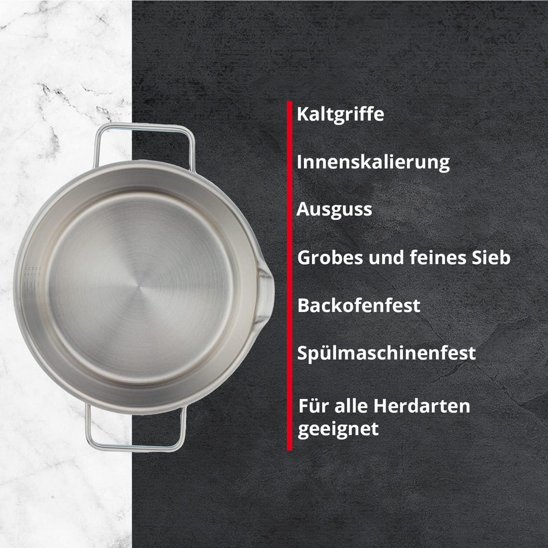 MEISTERKOCH Topf aus gebürstetem Edelstahl 20 cm Ø | mit Ausguss, Innenskalierung und isolierenden K