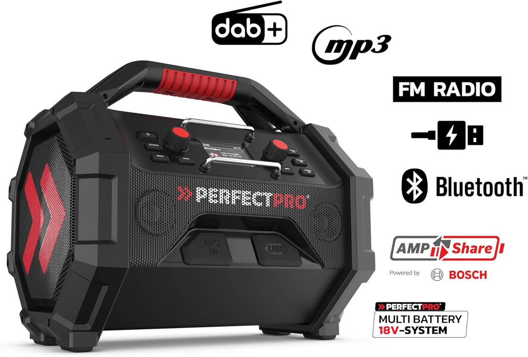 PerfectPro Baustellenradio ROCKTAGON 18V, DAB+ und UKW-Empfang, AUX-Eingang, USB Laden, Bluetooth 5.