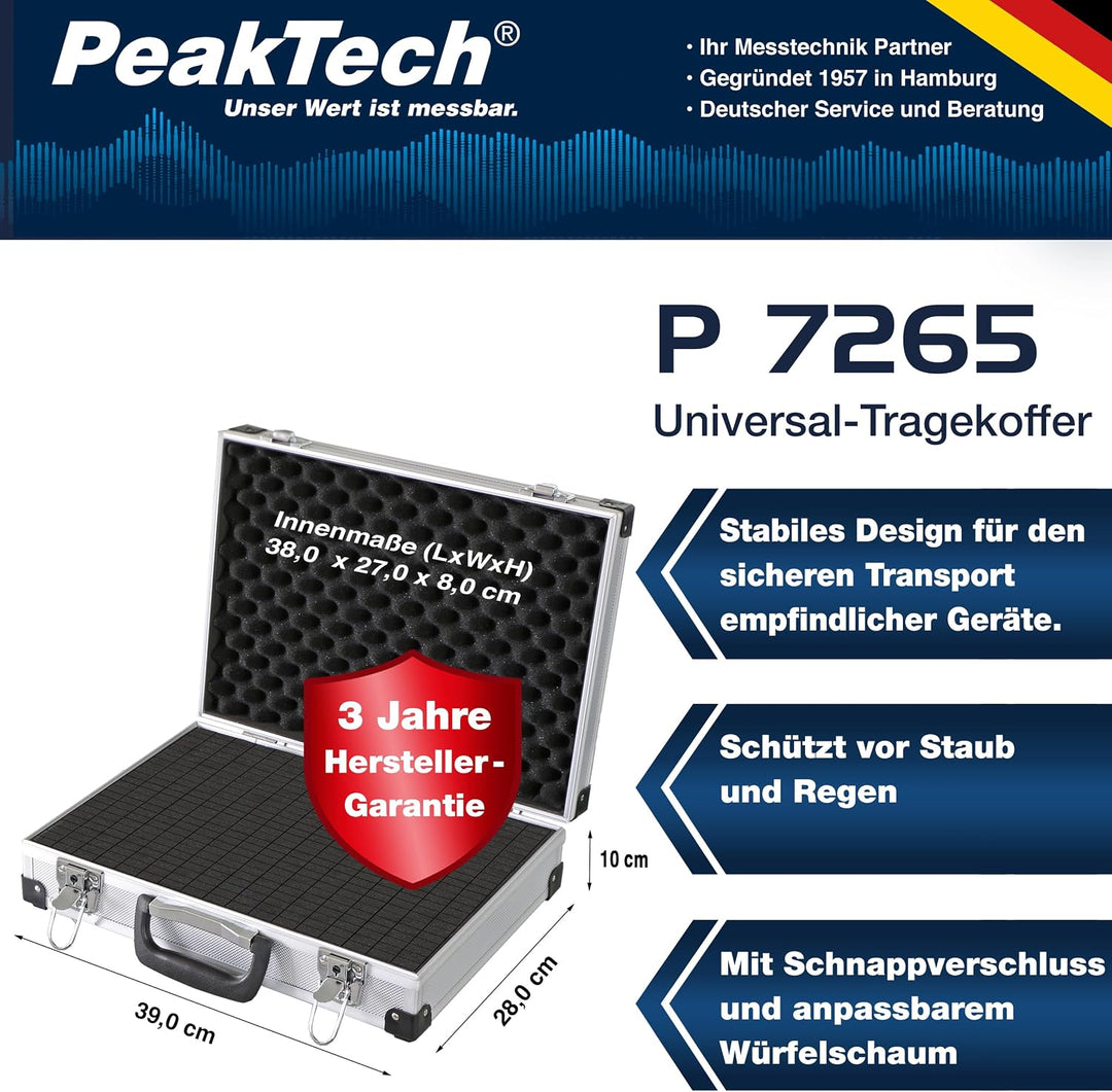 PeakTech 7265, Transportkoffer für Messinstrumente, widerstandsfähiger Aluminiumkoffer, Werkzeugfach