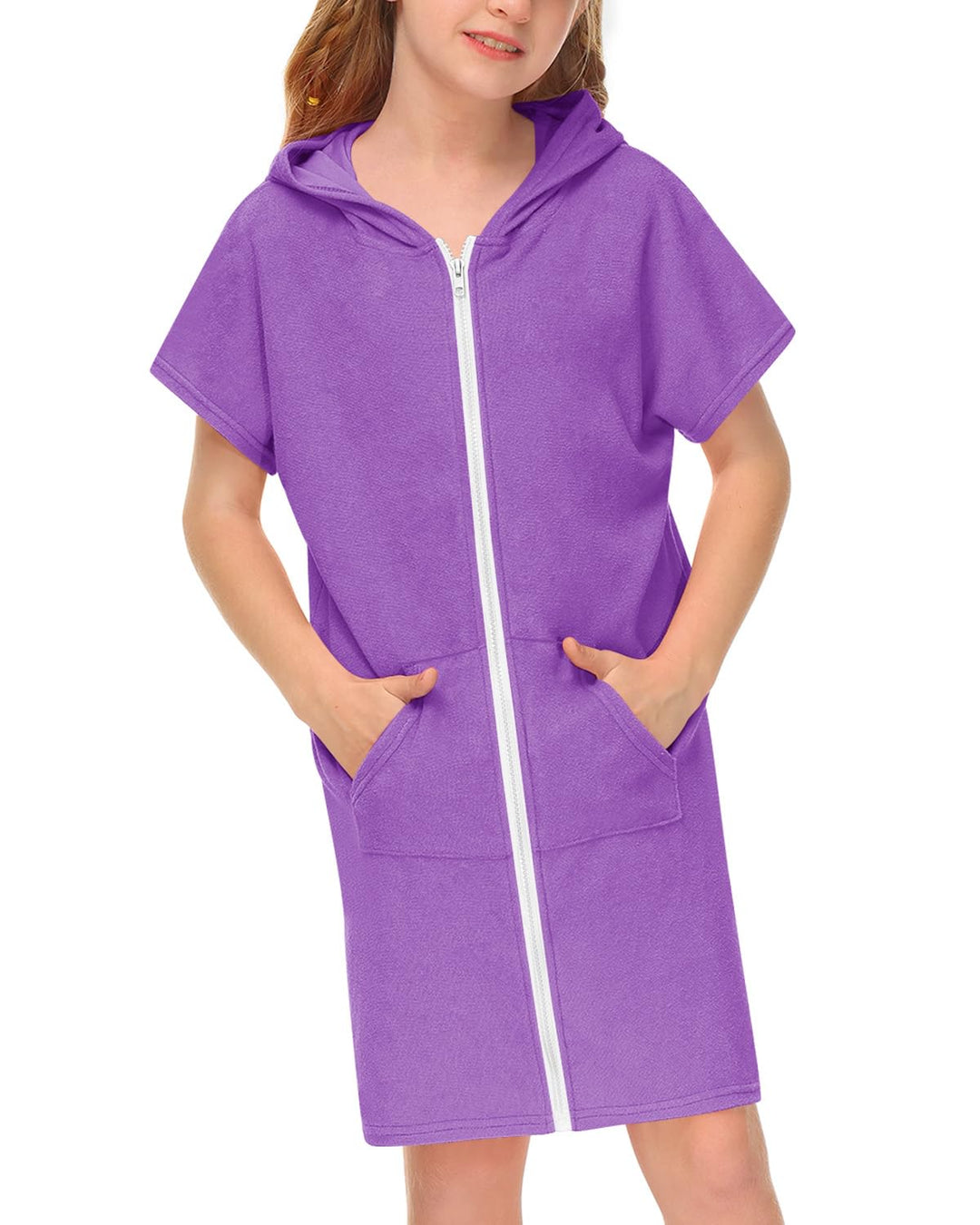 BesserBay Mädchen Junge Badeponcho Frottee Bademantel Kapuze Poncho mit Taschen Zip Cover Up Kinder