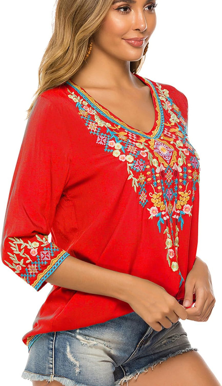 drakloak Bluse Stickerei Damen Boho Bestickte Oberteile Tunika Folklore Hippie Blusen Blumenmuster O