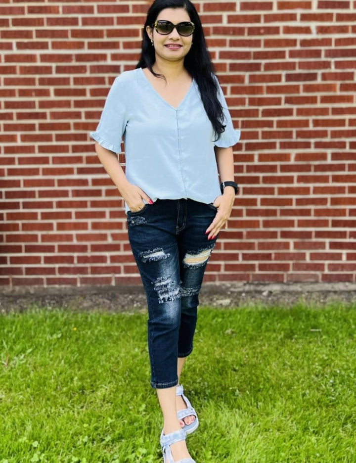 Roskiky Damen Capri Jeans für Frauen hohe Taille Skinny Ripped Jean Denim Hosen S A-indigo Dunkelbla