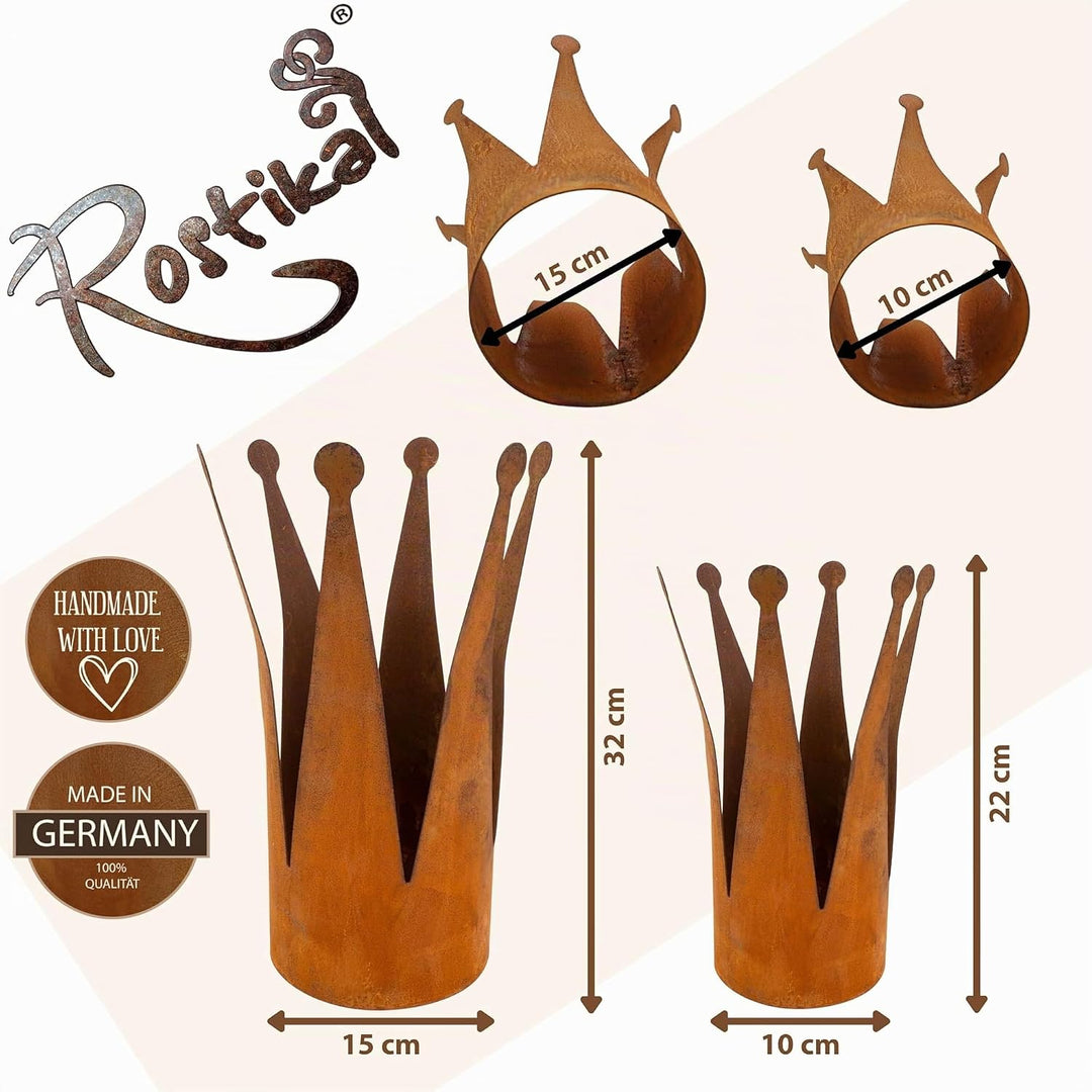 Rostikal Kronen Deko Rost 2er Set 22 cm und 32 cm Metallkrone Garten Deko Vintage, 2er Set