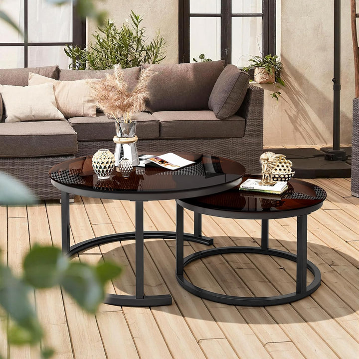 Hawthyhome 2 Stücke Beistelltisch Set rund, Moderne Kaffeetische, Couchtisch aus Glas mit Metallrahm