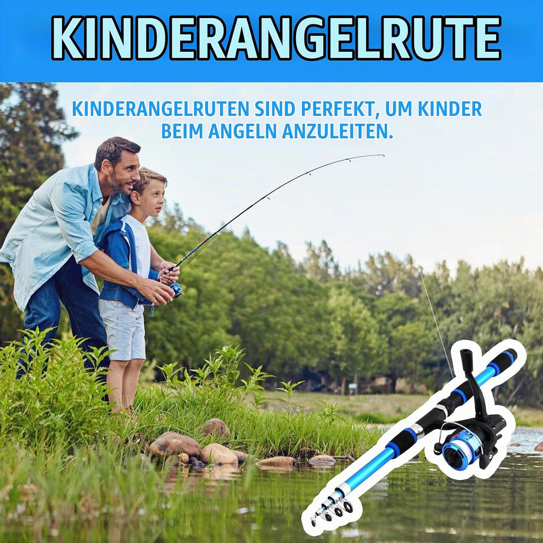 Angelset für Kinder, Blau 1.8M Kinderangel Starter Set, Angelrute Set Kinder mit Angelrolle und Köde
