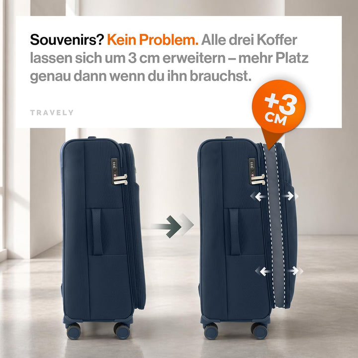 Travely Stoffkoffer Set - 3 teilig Reisekoffer mit Rollen - Koffer Set bestehend aus Handgepäck Koff