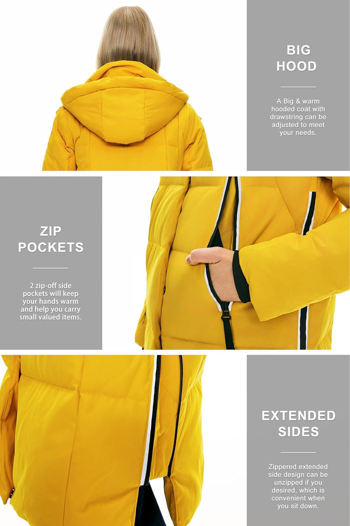 Orolay Damen Verdickte Daunenjacke Langer Wintermantel Mit Kapuze Pufferjacke XS Gelb, XS Gelb