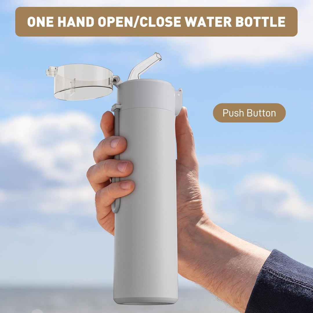 Exllena Trinkflasche Klein 270ml mit Strohhalm aus Edelstahl, Einhand-Bedienung, 100% Auslaufsicher,