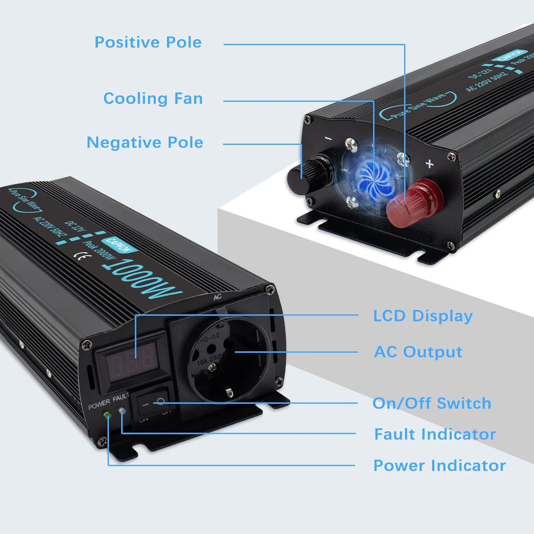 CAPTOK Spannungswandler 1000W/2000W Reiner Sinus KFZ Wechselrichter DC 12V auf AC 230V EU-Steckdose