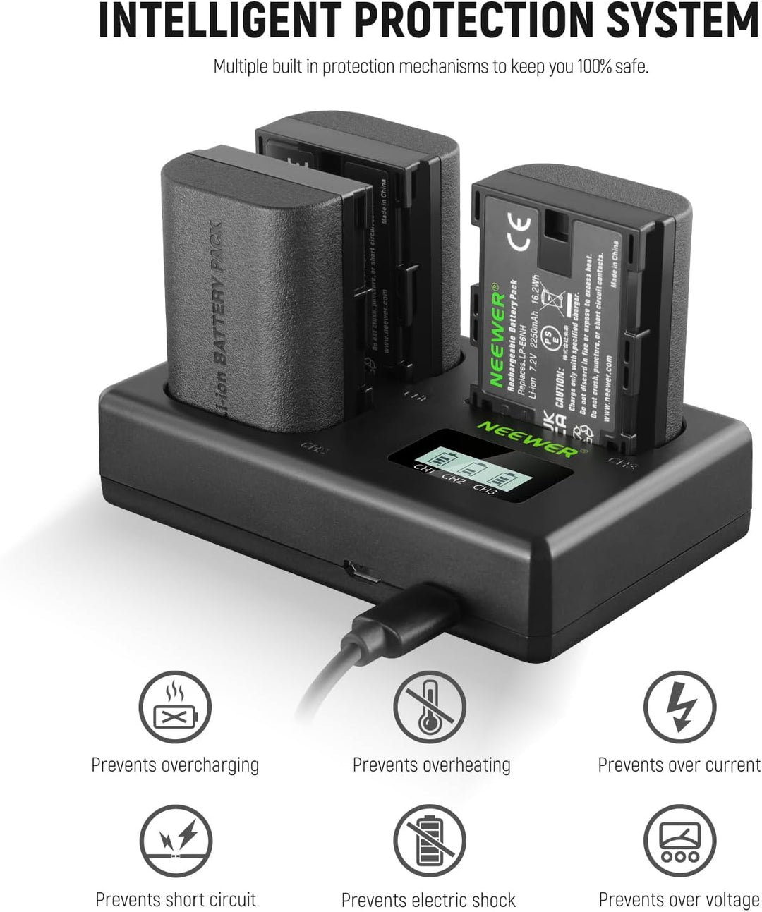 NEEWER LP-E6NH Ersatz Akku und USB Ladegerät Set, 3er Pack 2250mAh Ersatz für LP-E6NH Akku &amp; Triple
