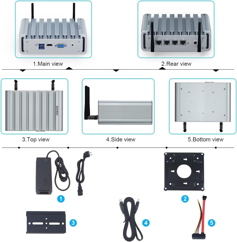 Lüfterlos Mini PC Firewall Appliance,Celeron J4125,8GB DDR4 RAM 128GB mSATA SSD,HDMI,VGA,4 2.5Gbe LA