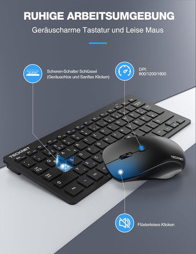 TECKNET Kabelloses Tastatur Maus Set, Deutsch QWERTZ Layout, 2.4 GHz Funk Mini Tastatur Mouse, 15m R