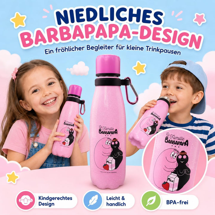 Barbapapa Trinkflasche Kinder 350 ml - Thermosflasche Edelstahl auslaufsicher BPA-frei - Isolierflas