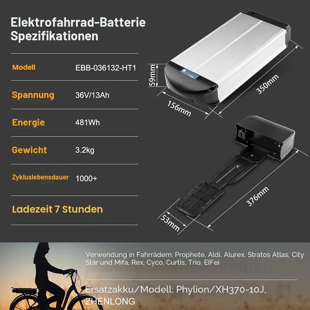 SEASON Gepäckträger Ebike Akku - 36V 13Ah 14.5Ah 15.6Ah 16Ah 17.4Ah Lithinum-Ionen Batterie für Elek