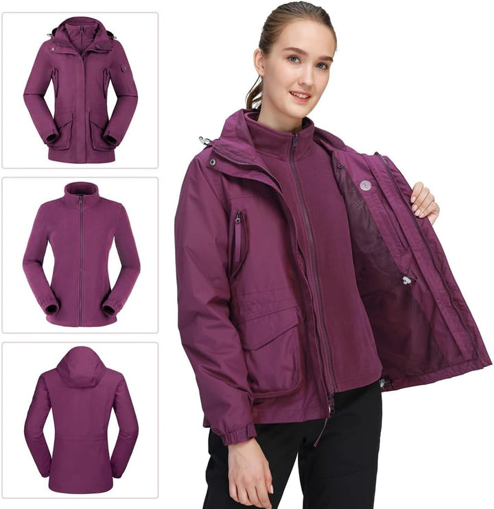 OutPro Damen 3-in-1-Skijacke wasserdicht winddicht Winterjacke Outdoor Wandern mit Fleece gefüttert