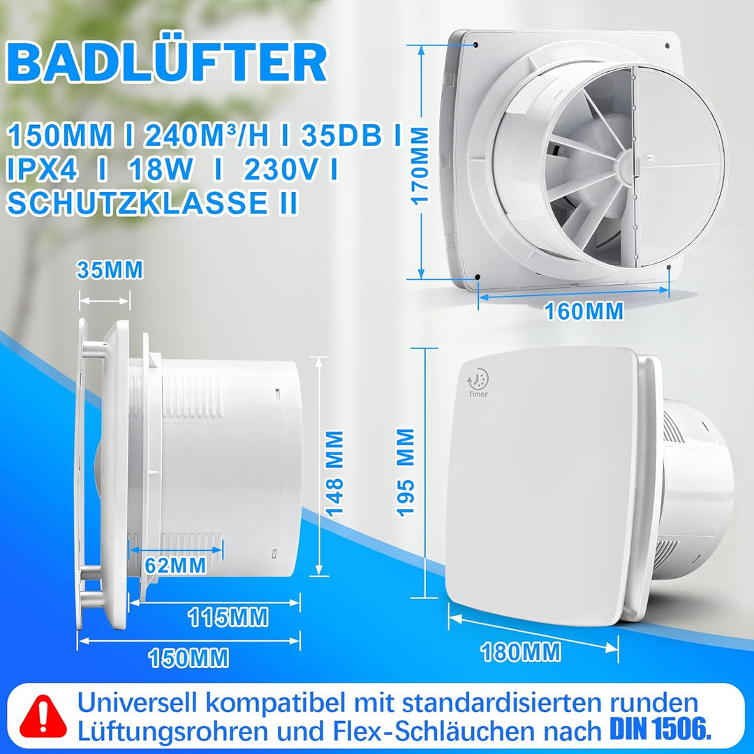 Ø150mm Badlüfter mit Nachlauf [18W - IPX4 - 35db - 240m³/h] Leiser Abluftventilator mit Rücklaufklap
