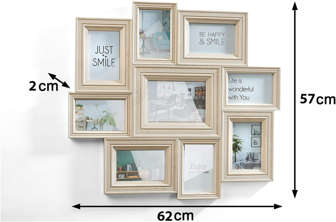 Kobolo Bilderrahmen Bilderhalter Collage BEIGE für 9 Bilder aus Holz in beige 10x15cm und 13x18cm, b