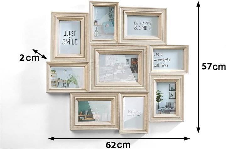 Kobolo Bilderrahmen Bilderhalter Collage BEIGE für 9 Bilder aus Holz in beige 10x15cm und 13x18cm, b