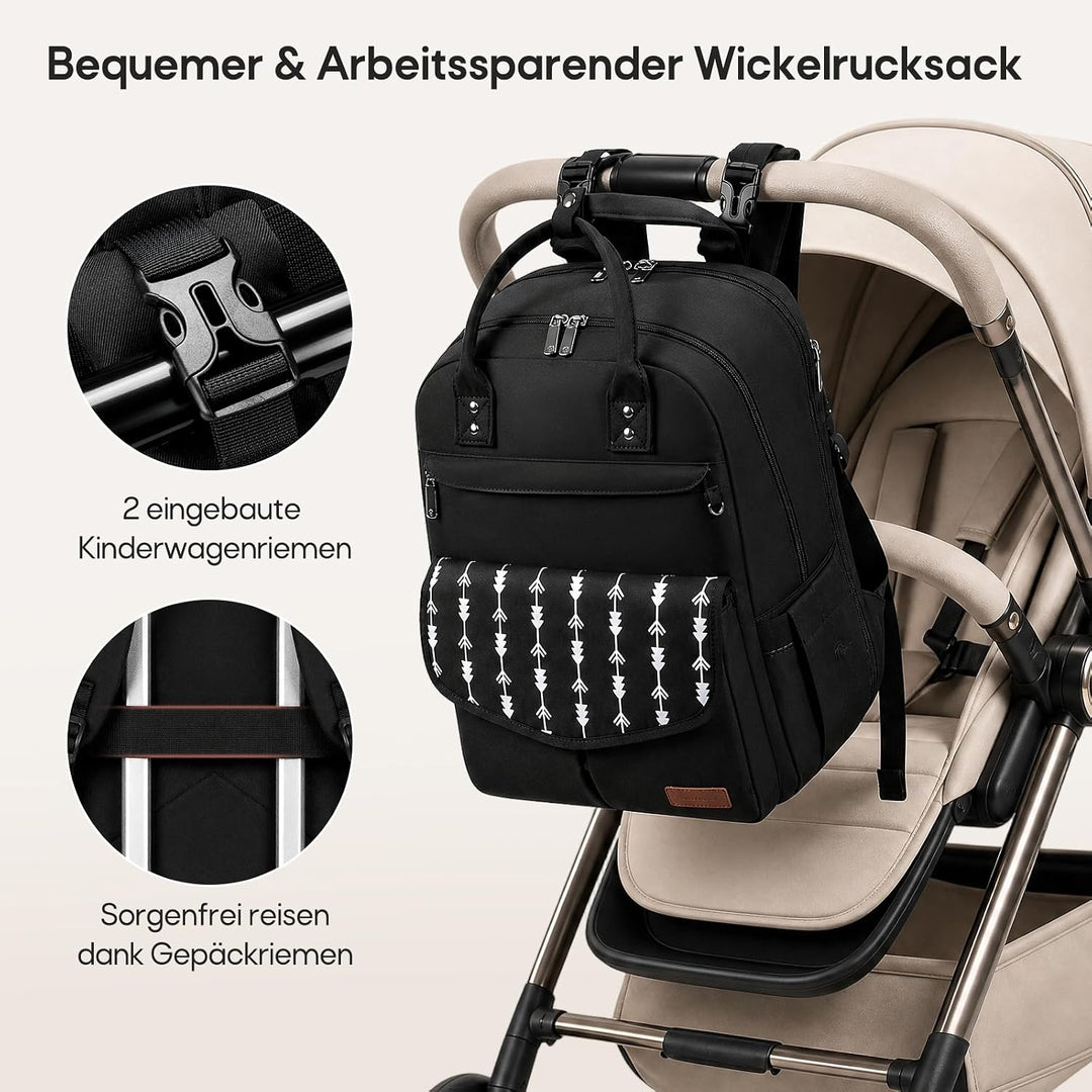 RAINSMORE Wickelrucksack Gross Baby Wickeltasche mit Wickelunterlage Schwarz | Wasserdichte Wickelta